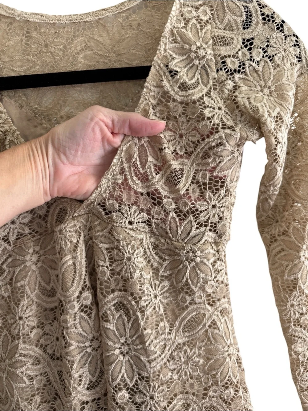 Custom Nude Lace Long-Sleeve Dance Dress with Rhinestone Accents